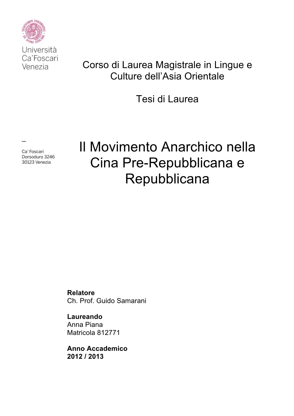 Il Movimento Anarchico Nella Cina Pre-Repubblicana E Repubblicana