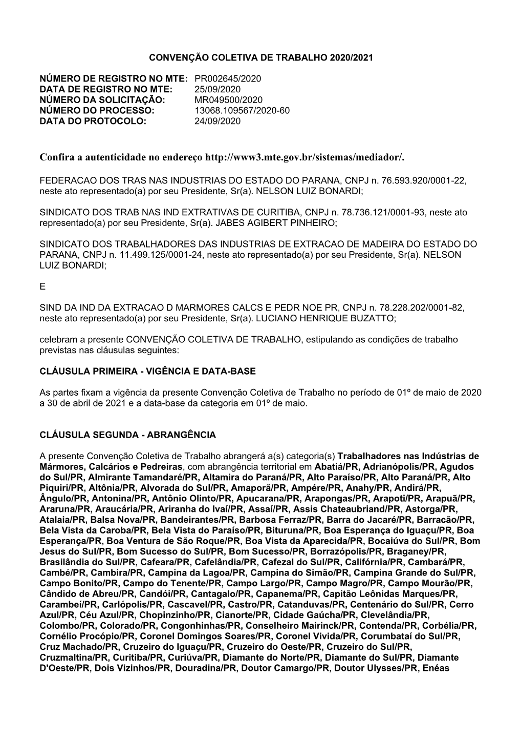 Convenção Coletiva De Trabalho 2020/2021