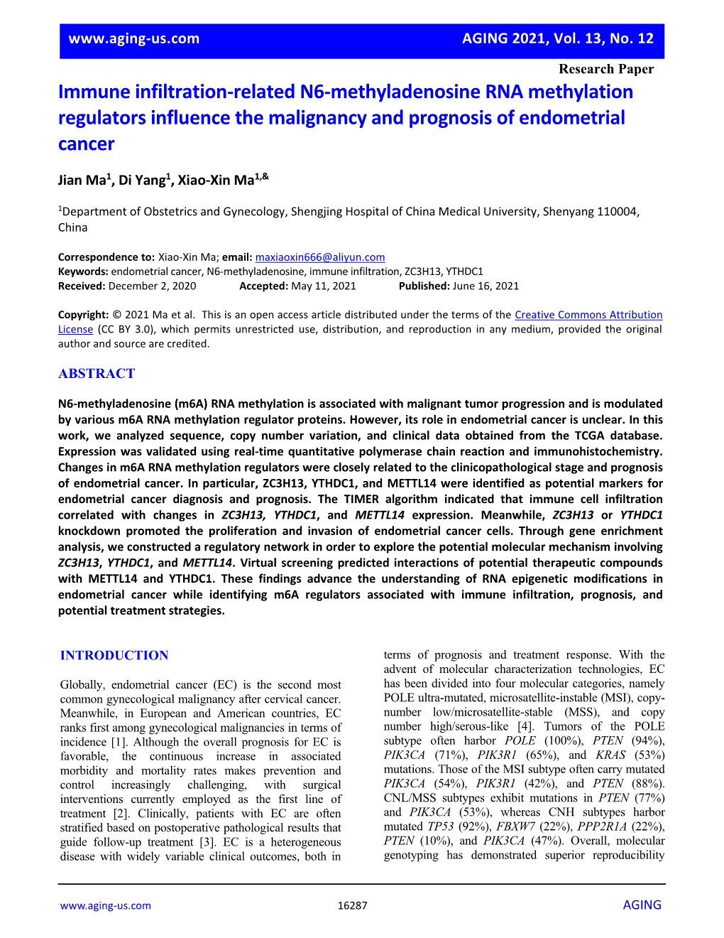 Immune Infiltration-Related N6-Methyladenosine RNA Methylation Regulators Influence the Malignancy and Prognosis of Endometrial Cancer