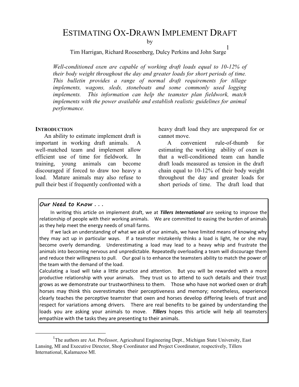 ESTIMATING OX-DRAWN IMPLEMENT DRAFT by 1 Tim Harrigan, Richard Roosenberg, Dulcy Perkins and John Sarge