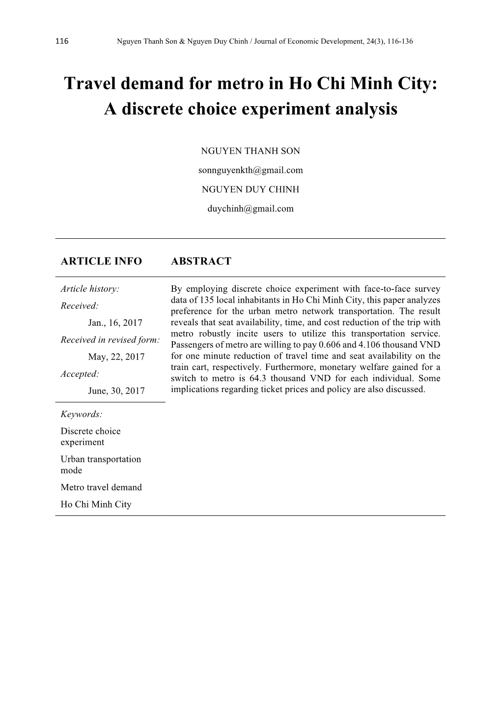 Travel Demand for Metro in Ho Chi Minh City: a Discrete Choice Experiment Analysis