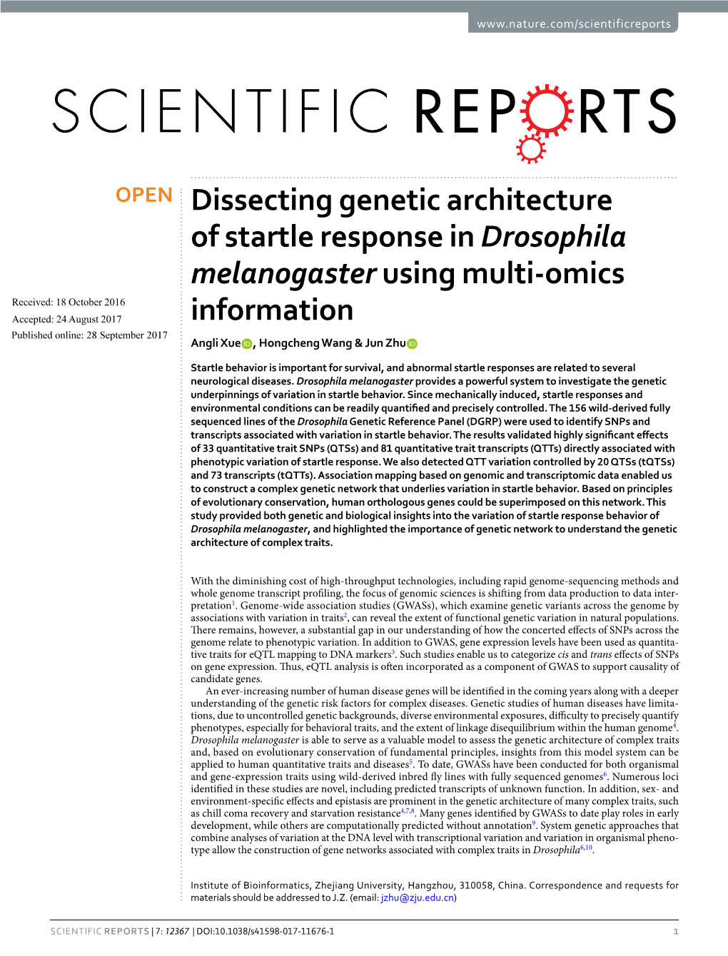 Dissecting Genetic Architecture of Startle Response in Drosophila