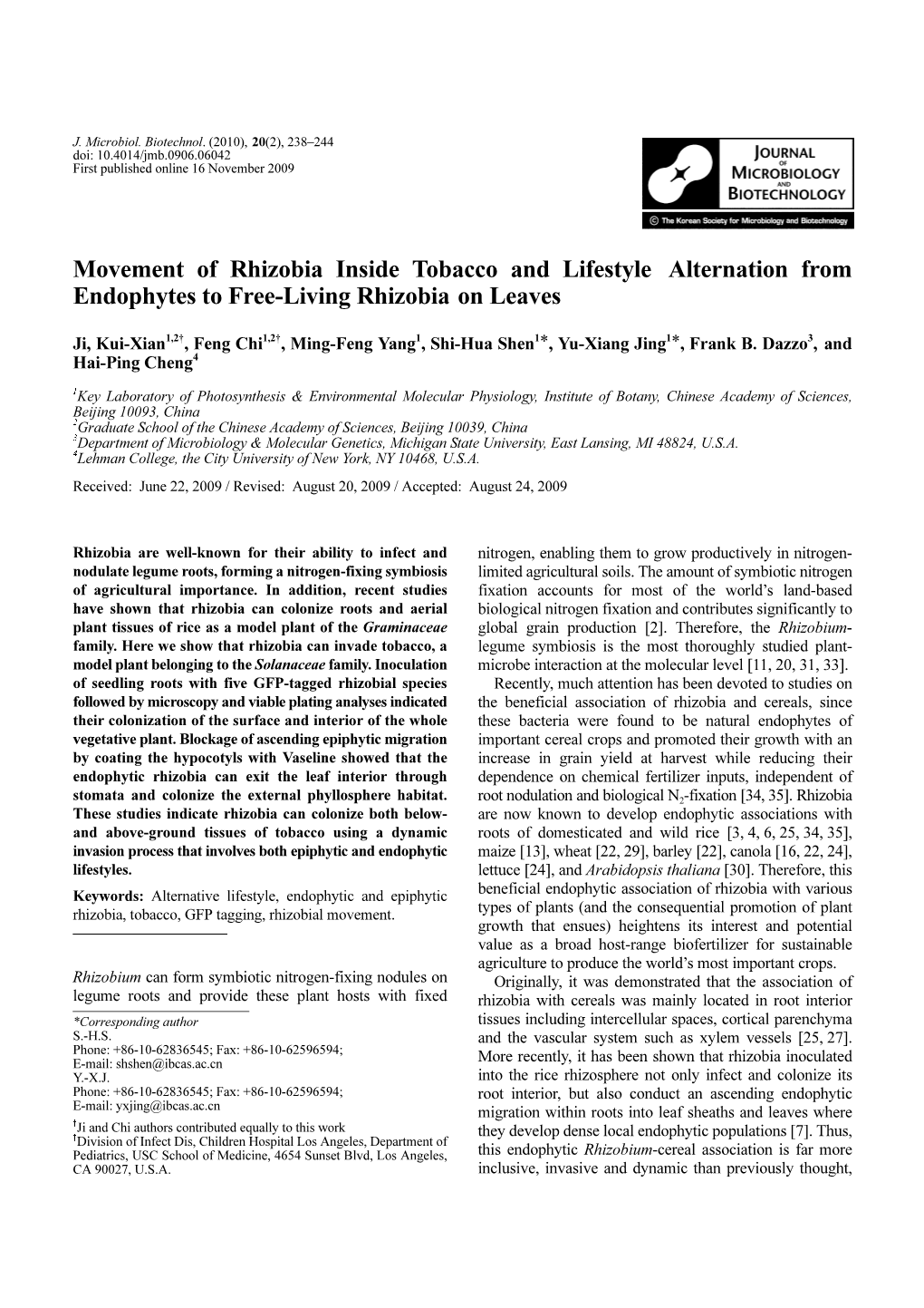 Movement of Rhizobia Inside Tobacco and Lifestyle Alternation from Endophytes to Free-Living Rhizobia on Leaves