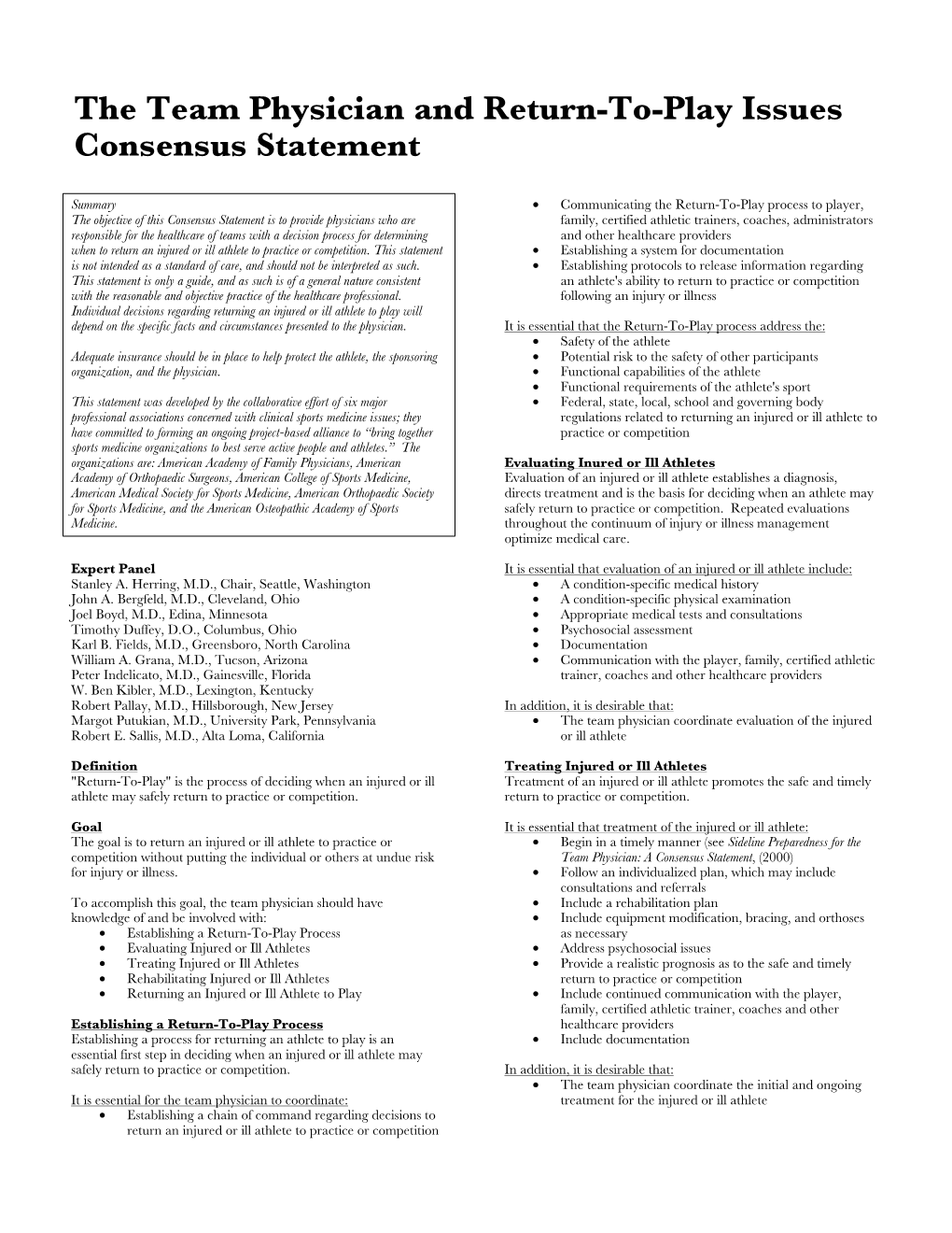 The Team Physician and Return-To-Play Issues Consensus Statement