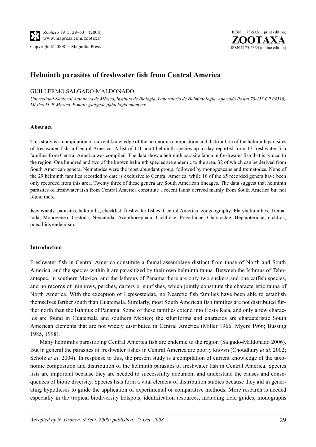 Zootaxa, Helminth Parasites of Freshwater Fish from Central America