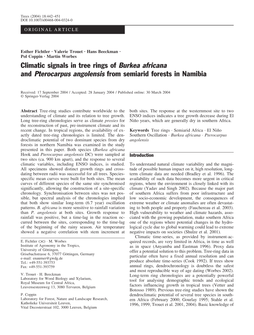 Climatic Signals in Tree Rings of Burkea Africana and Pterocarpus Angolensis from Semiarid Forests in Namibia