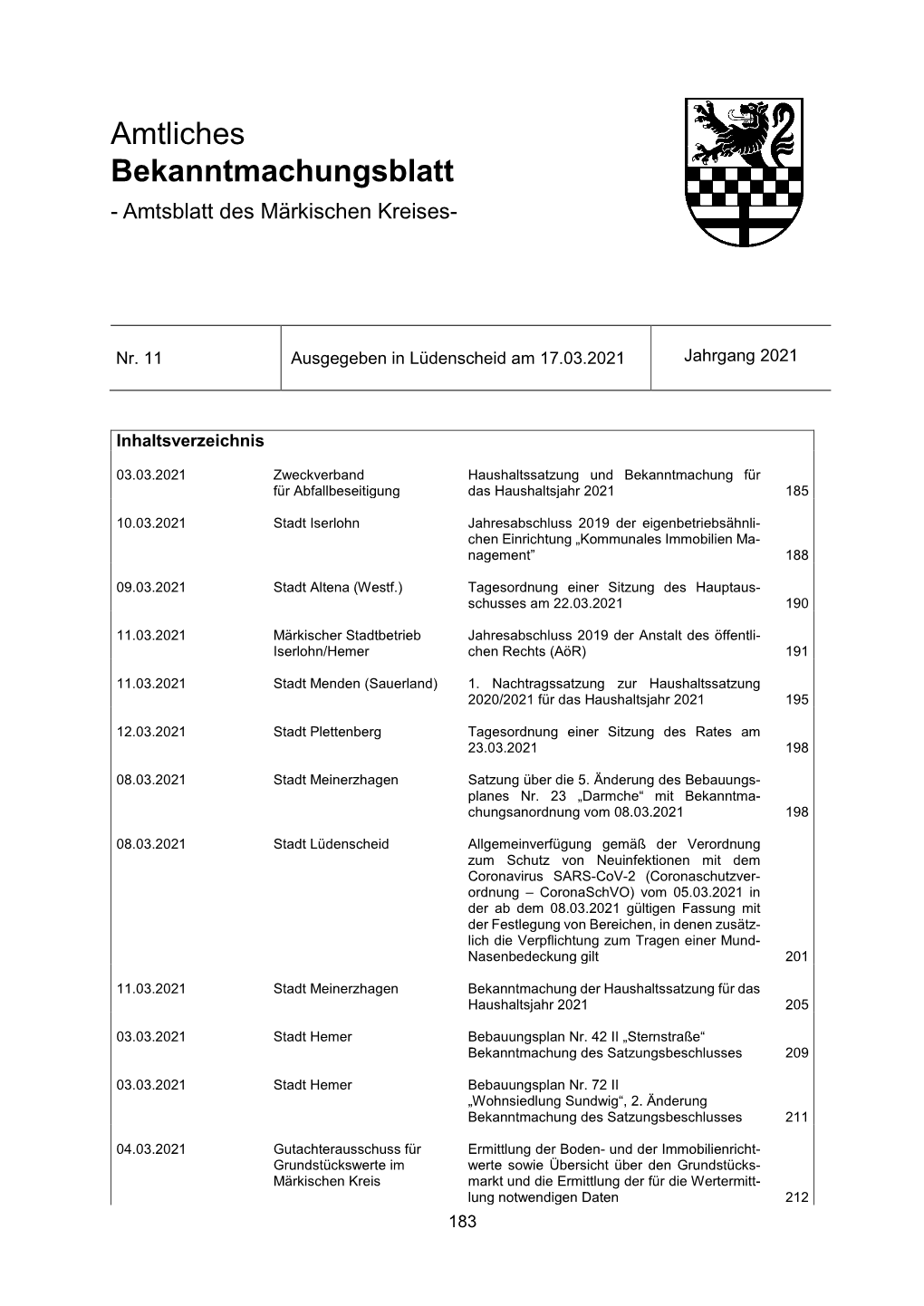 Amtliches Bekanntmachungsblatt - Amtsblatt Des Märkischen Kreises