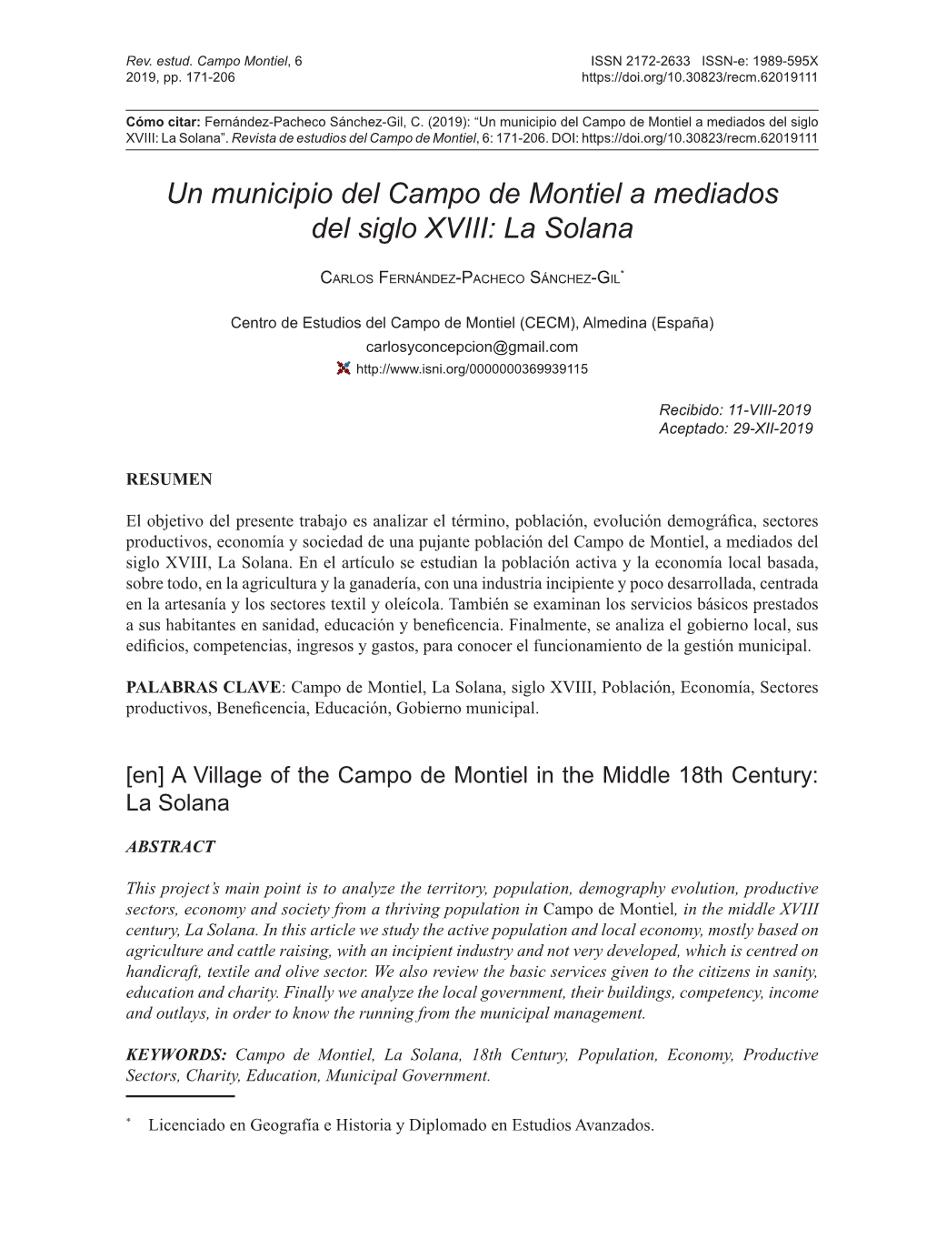 Un Municipio Del Campo De Montiel a Mediados Del Siglo XVIII: La Solana”