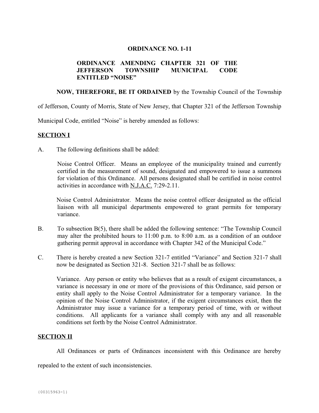 Ordinance Amending Chapter 321 of the Jefferson Township Municipal Code Entitled Noise