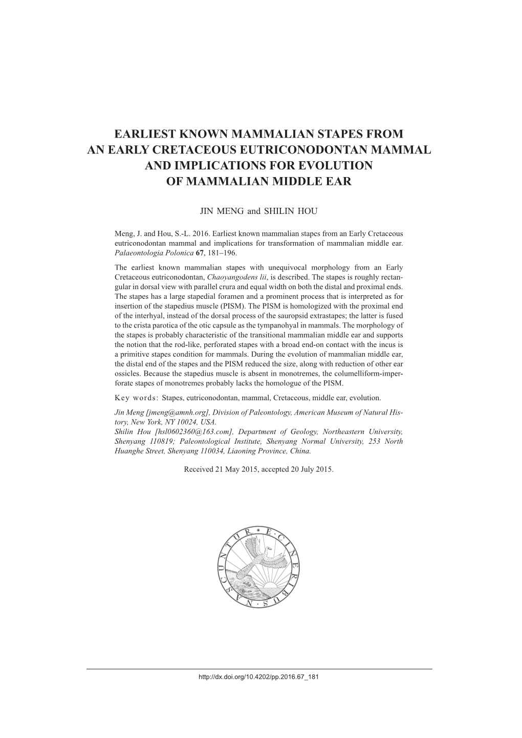 Earliest Known Mammalian Stapes from an Early Cretaceous Eutriconodontan Mammal and Implications for Evolution of Mammalian Middle Ear