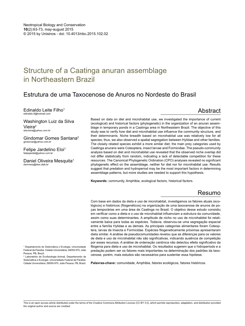 Structure of a Caatinga Anuran Assemblage in Northeastern Brazil