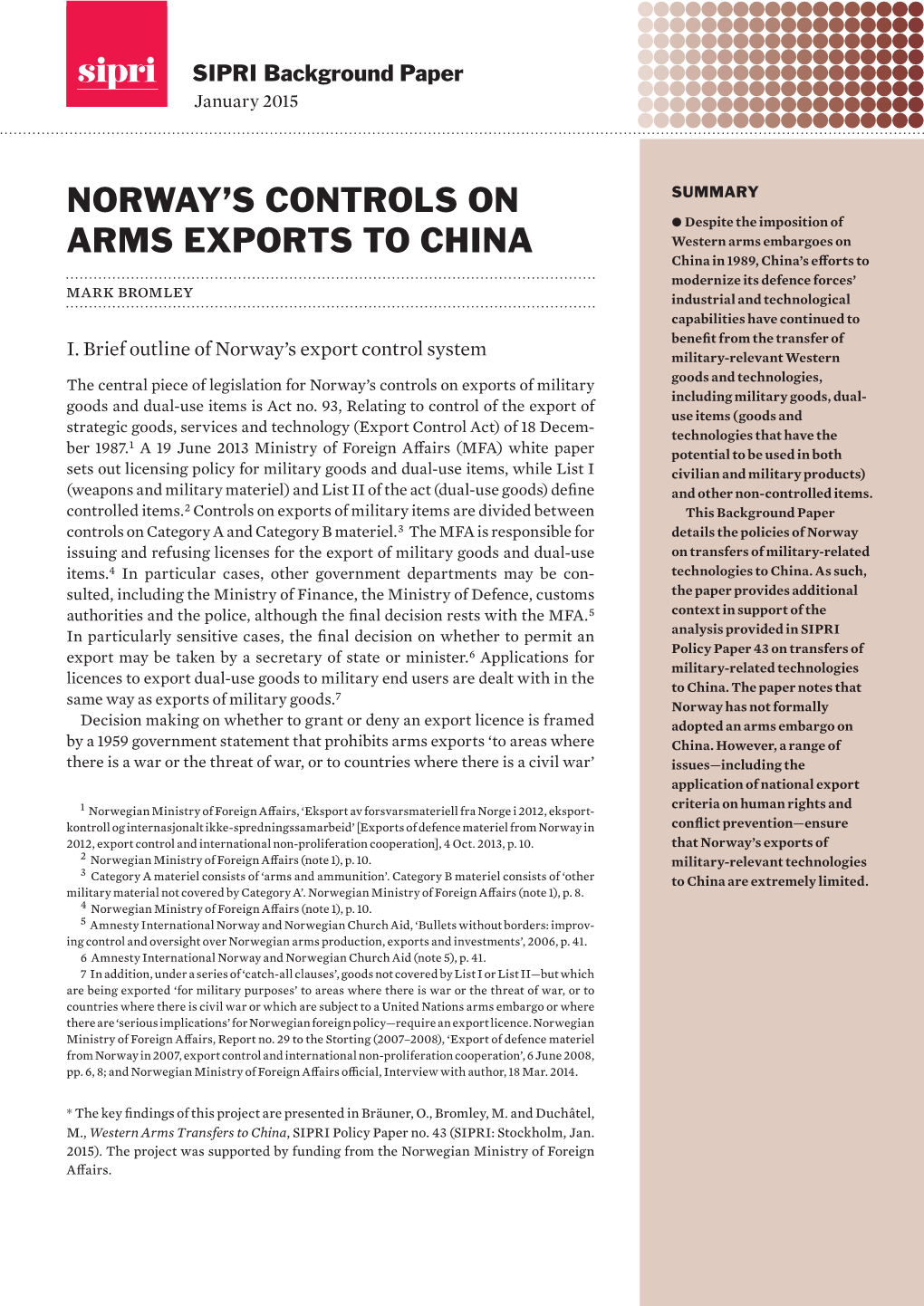 Norway's Controls on Arms Exports to China