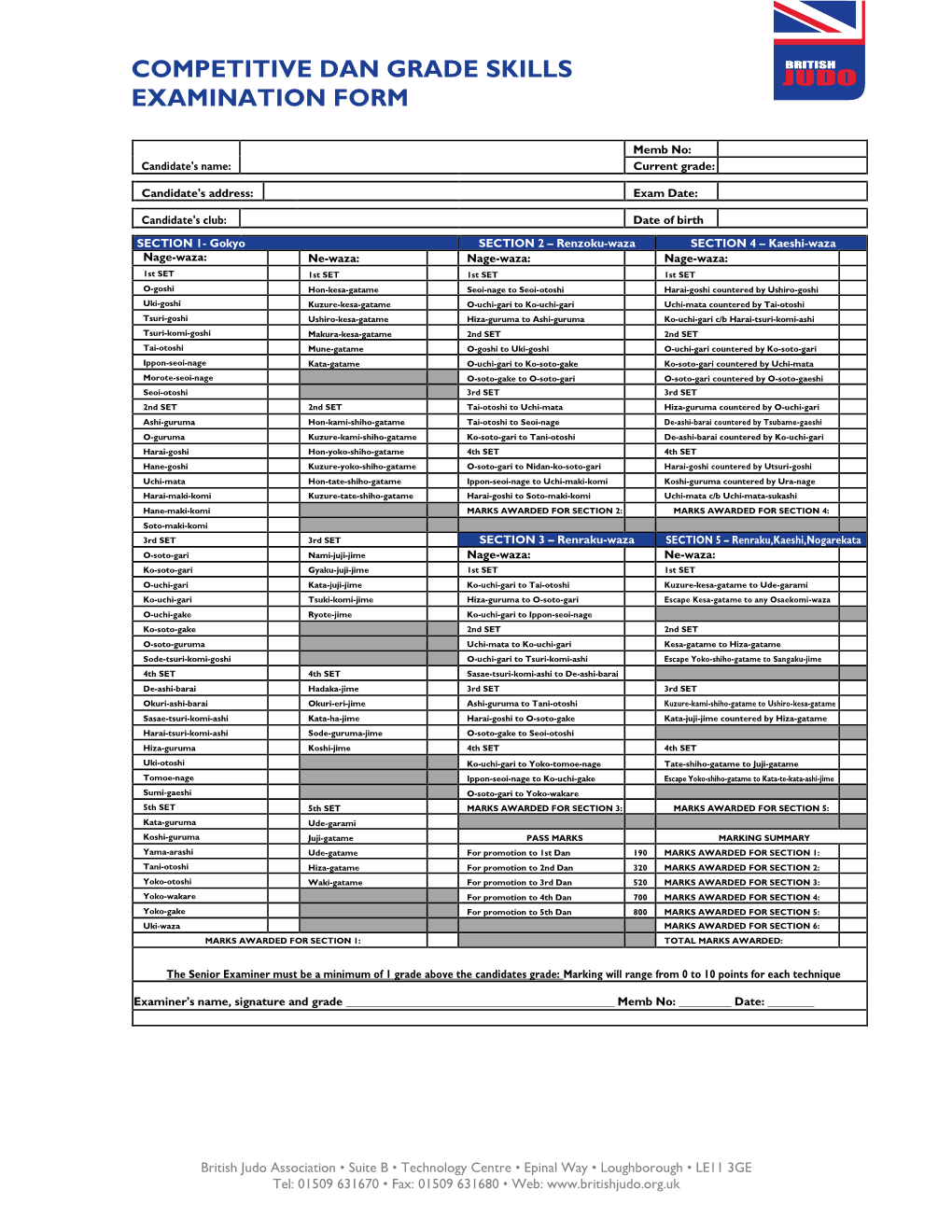 Competitive Dan Grade Skills Examination Form