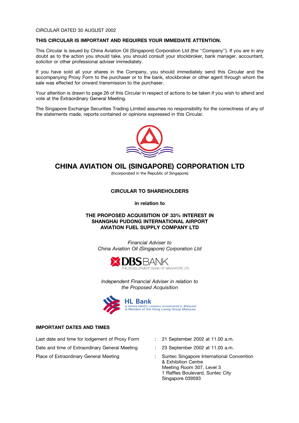 China Aviation Oil (Singapore) Corporation Ltd (The ``Company'')