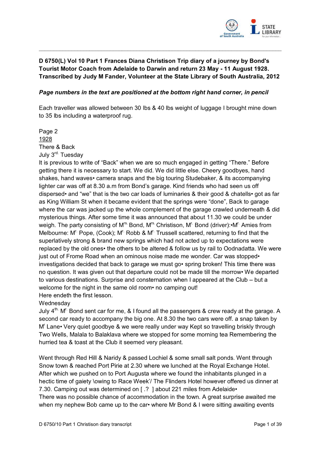 D 6750(L) Vol 10 Part 1 Frances Diana Christison Trip Diary of a Journey by Bond's Tourist Motor Coach from Adelaide to Darwin and Return 23 May - 11 August 1928