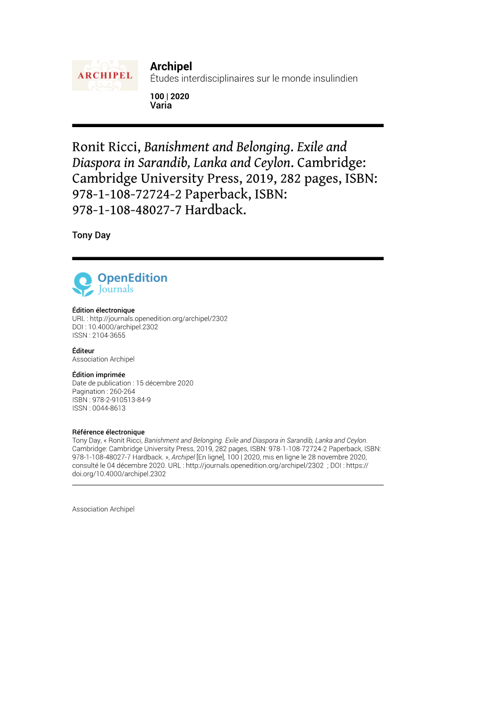 Ronit Ricci, Banishment and Belonging. Exile and Diaspora in Sarandib, Lanka and Ceylon