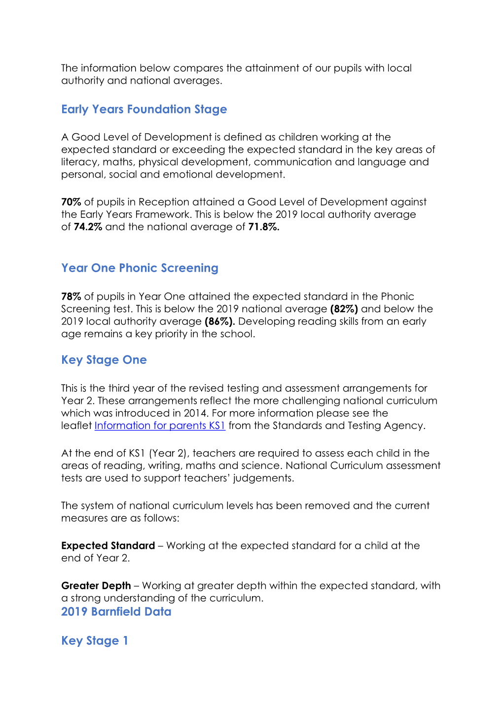 Early Years Foundation Stage Year One Phonic Screening Key Stage