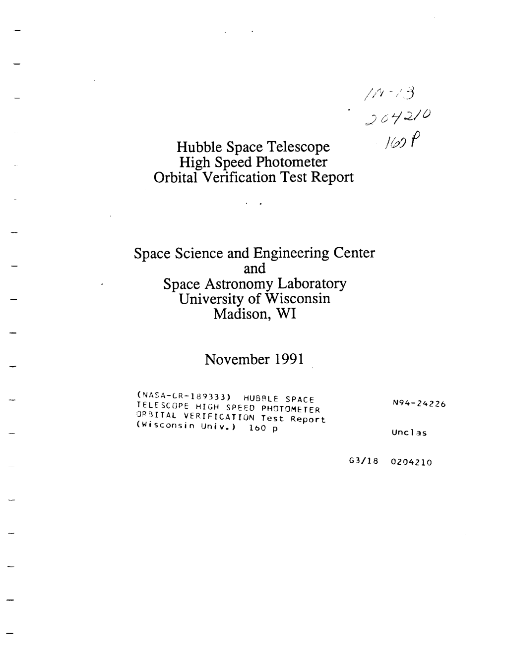 Hubble Space Telescope High Speed Photometer Orbital Verification Test Report