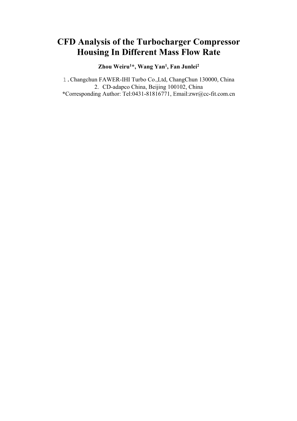 CFD Analysis of the Turbocharger Compressor Housing in Different Mass Flow Rate