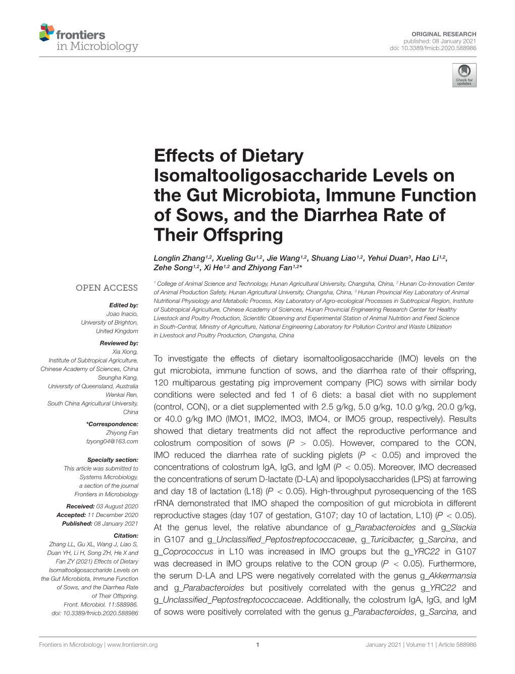 Effects of Dietary Isomaltooligosaccharide Levels on the Gut Microbiota, Immune Function of Sows, and the Diarrhea Rate of Their Offspring