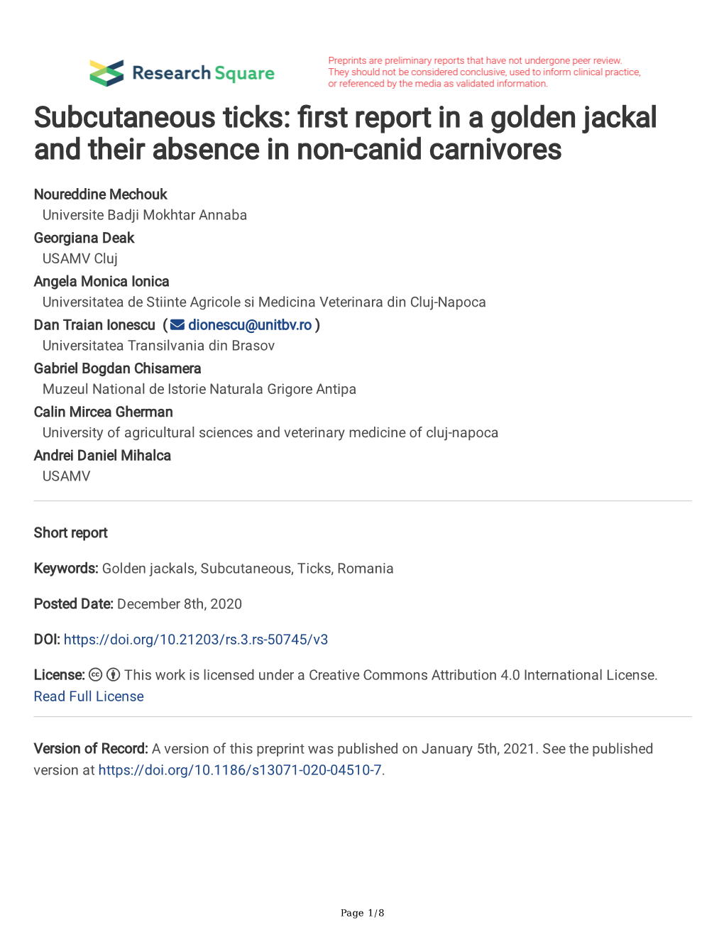 Subcutaneous Ticks: Rst Report in a Golden Jackal and Their Absence in Non-Canid Carnivores