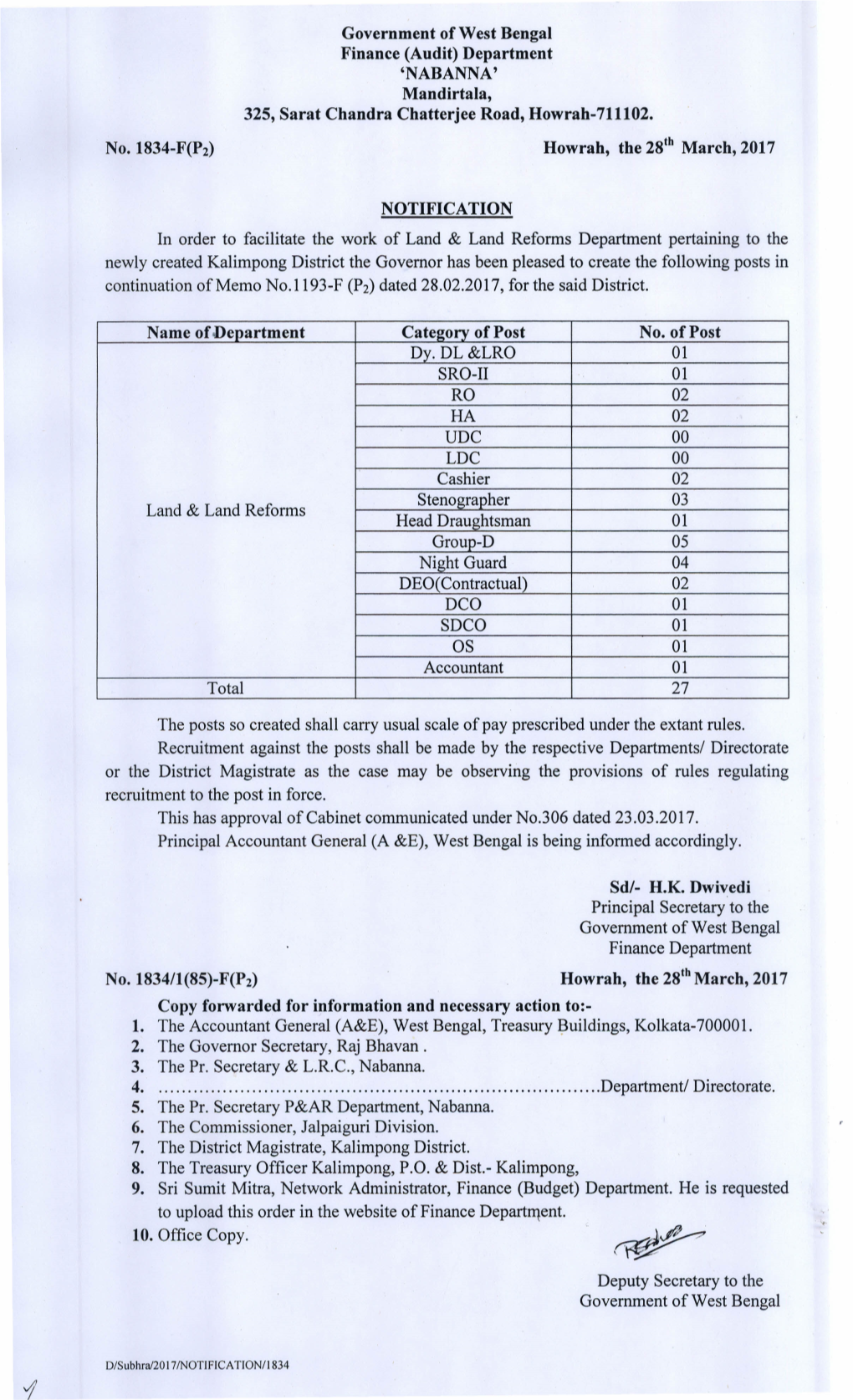 No. 1834-F(P2) Government of West Bengal Finance (Audit)