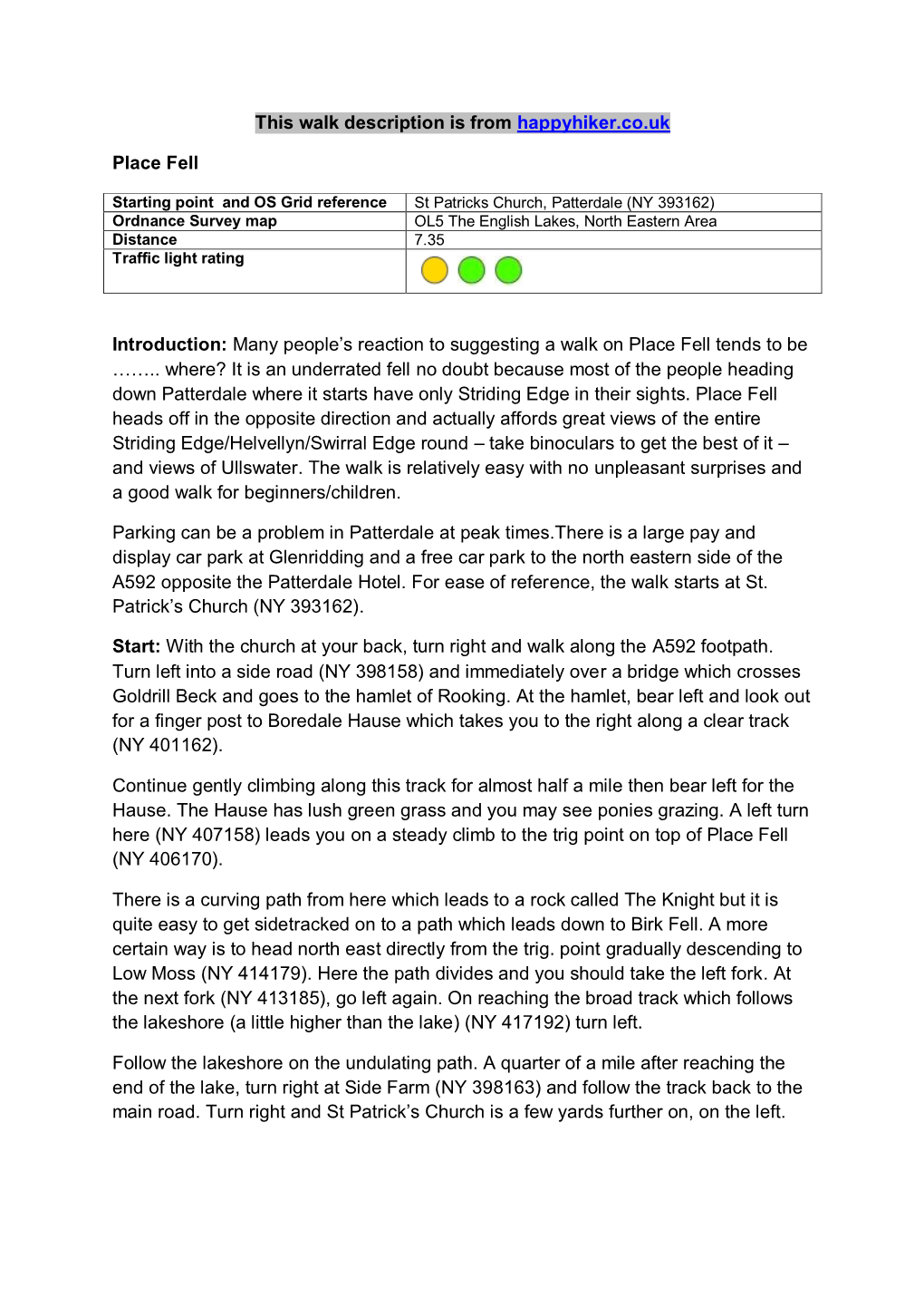 This Walk Description Is from Happyhiker.Co.Uk Place Fell Introduction: Many People's Reaction to Suggesting a Walk on Place F