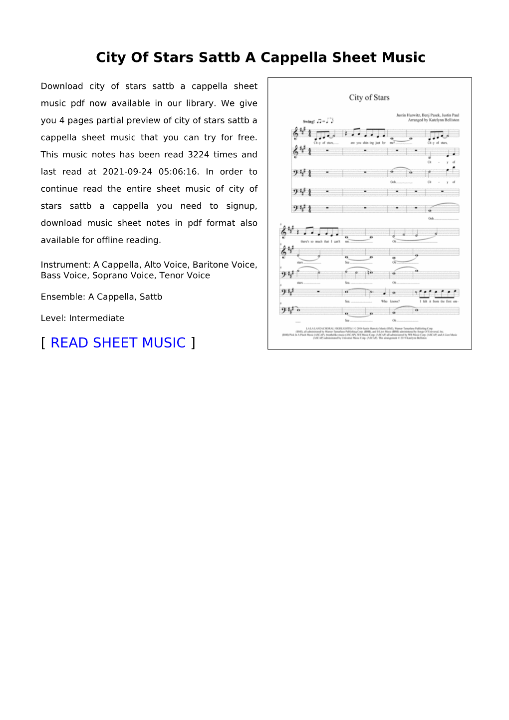 City of Stars Sattb a Cappella Sheet Music