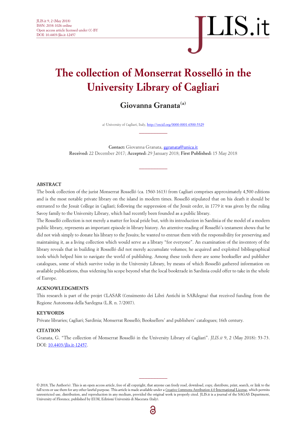 The Collection of Monserrat Rosselló in the University Library of Cagliari