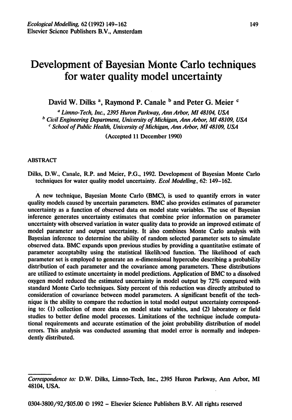 Development of Bayesian Monte Carlo Techniques for Water Quality Model Uncertainty