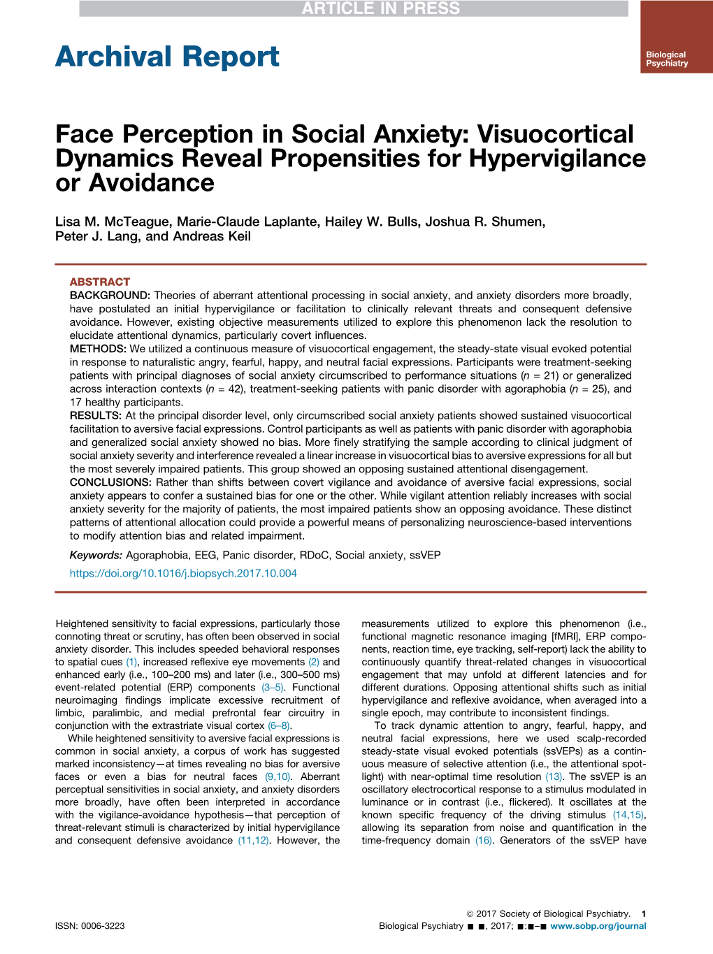 Face Perception in Social Anxiety: Visuocortical Dynamics Reveal Propensities for Hypervigilance Or Avoidance