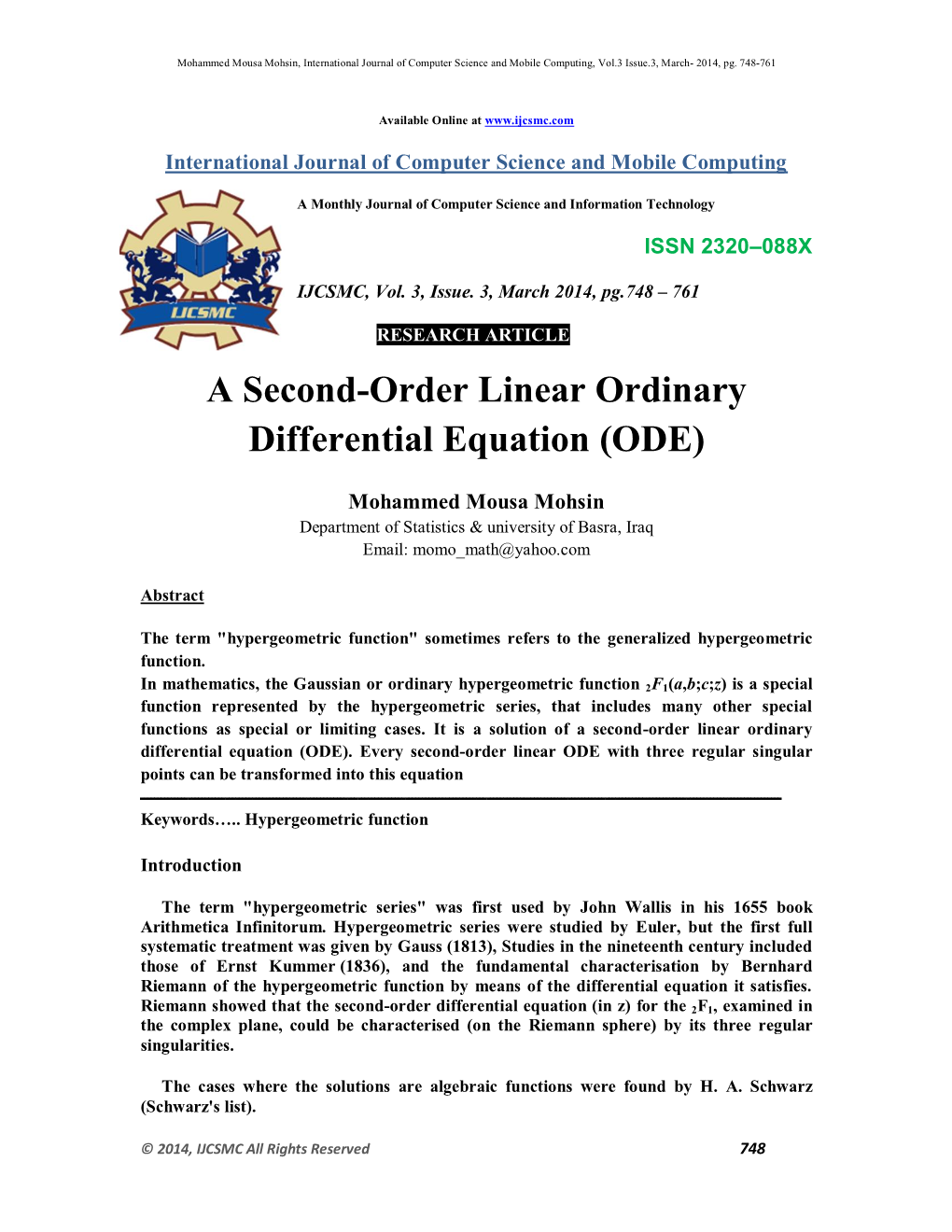 A Second-Order Linear Ordinary Differential Equation (ODE)