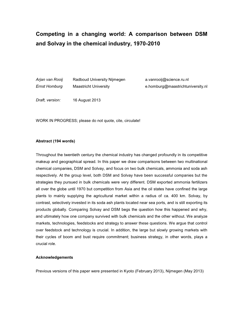 Competing in a Changing World: a Comparison Between DSM and Solvay in the Chemical Industry, 1970-2010