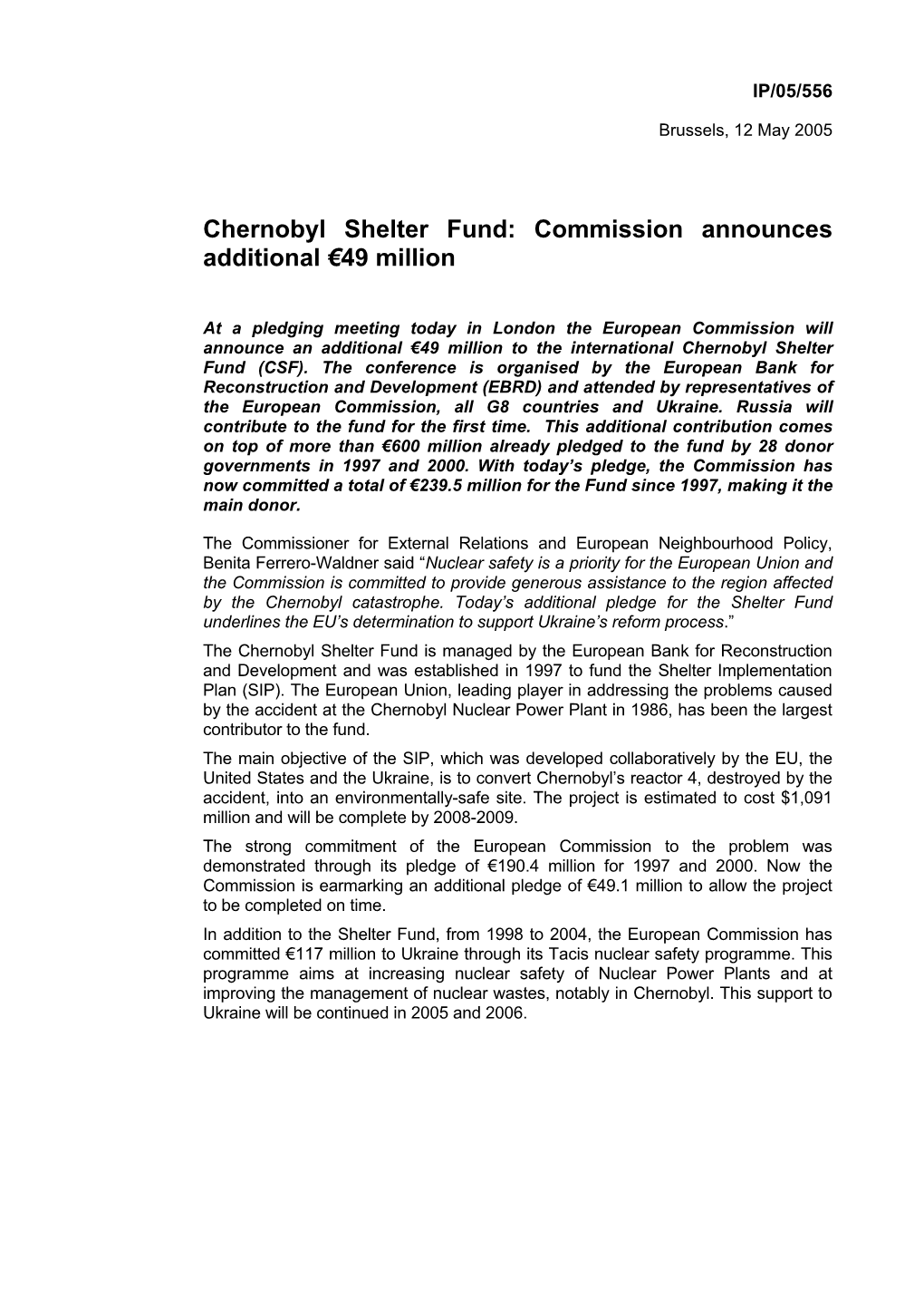 Chernobyl Shelter Fund: Commission Announces Additional €49 Million