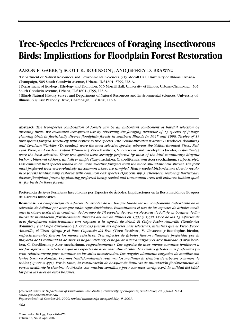 Tree-Species Preferences of Foraging Insectivorous Birds: Implications for Floodplain Forest Restoration