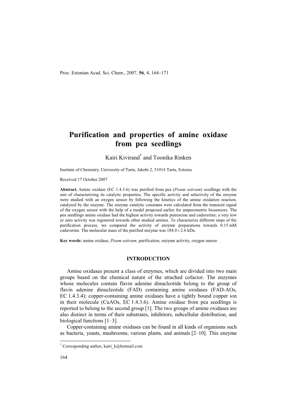 Purification and Properties of Amine Oxidase from Pea Seedlings