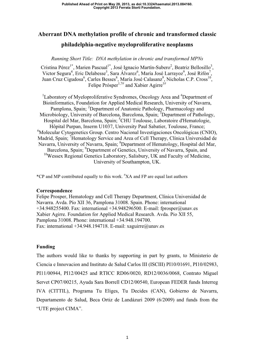 DNA Methylation in Chronic and Transformed Mpns