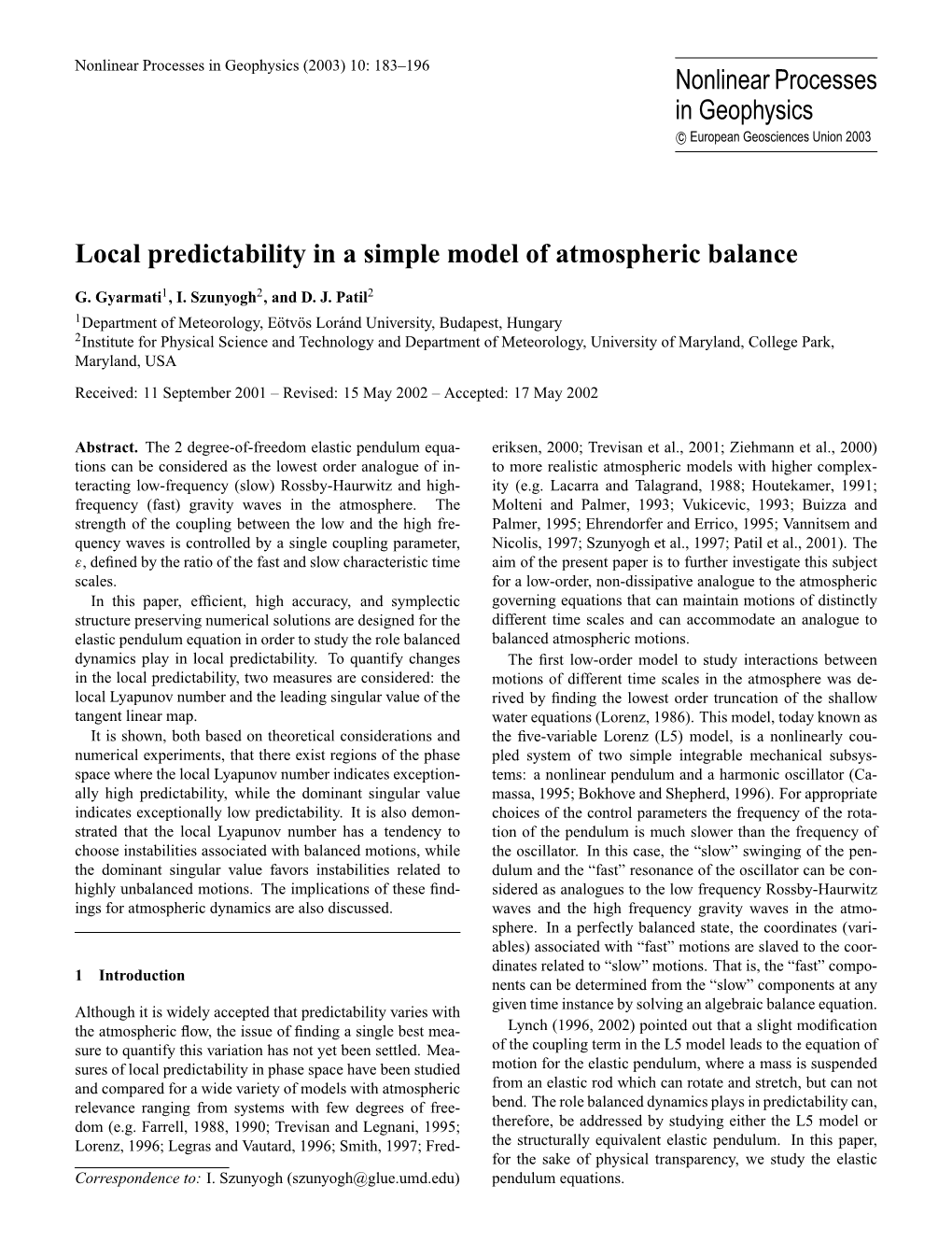 Local Predictability in a Simple Model of Atmospheric Balance