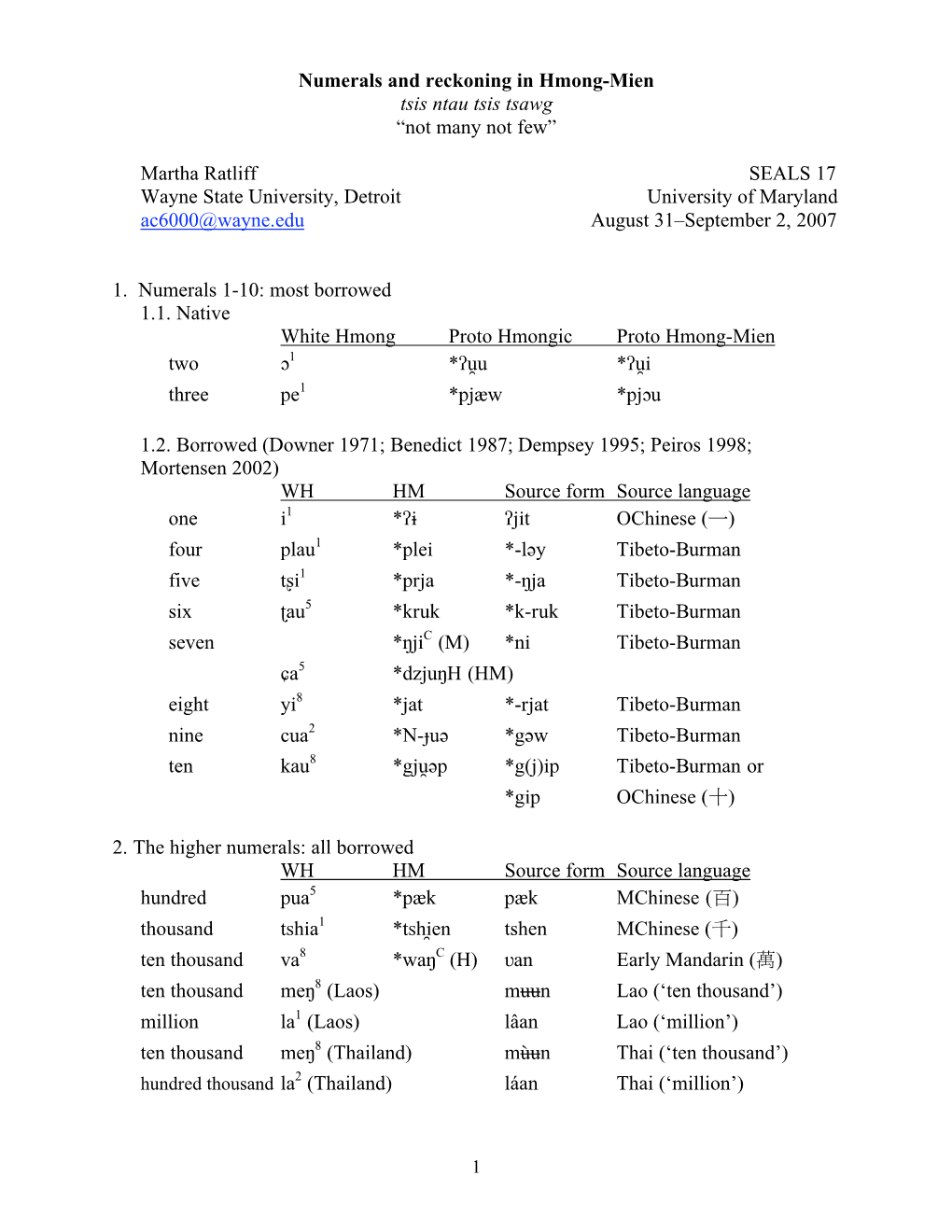 Numerals and Reckoning in Hmong-Mien Tsis Ntau Tsis Tsawg “Not Many Not Few”