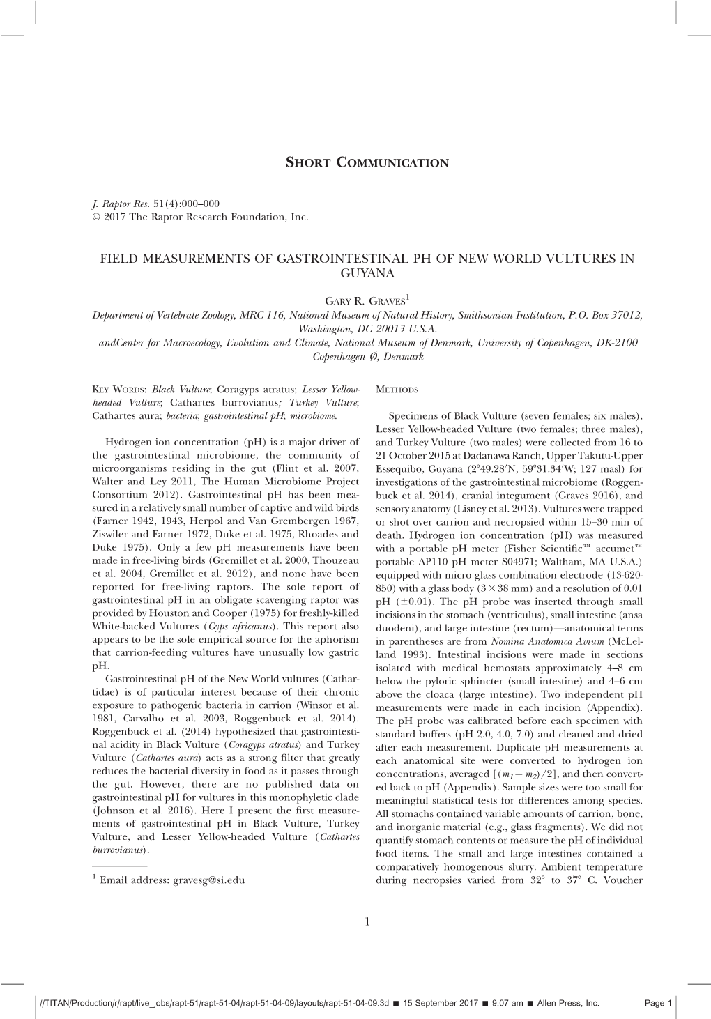 Field Measurements of Gastrointestinal Ph of New World Vultures in Guyana