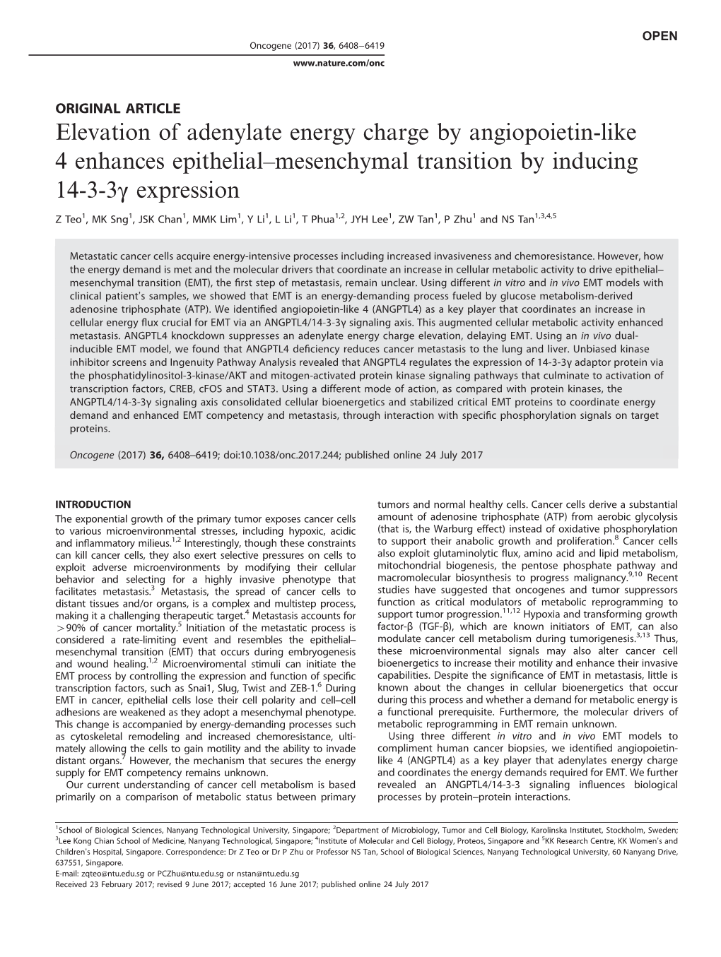Elevation of Adenylate Energy Charge by Angiopoietin-Like 4 Enhances Epithelial–Mesenchymal Transition by Inducing 14-3-3Γ Expression