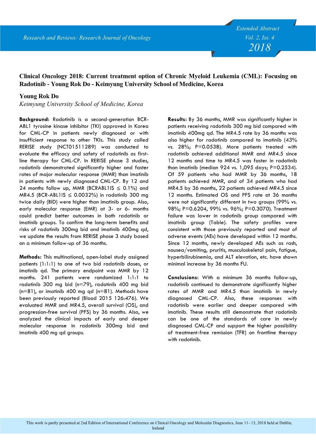 Clinical Oncology 2018: Current Treatment Option of Chronic Myeloid Leukemia (CML): Focusing on Radotinib