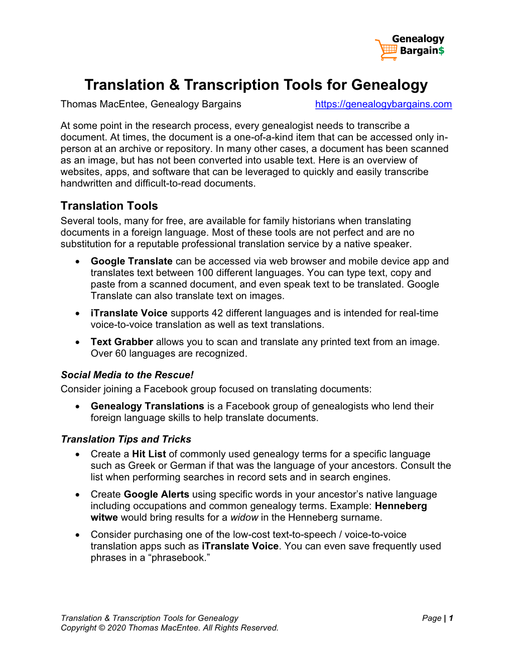 Translation & Transcription Tools for Genealogy