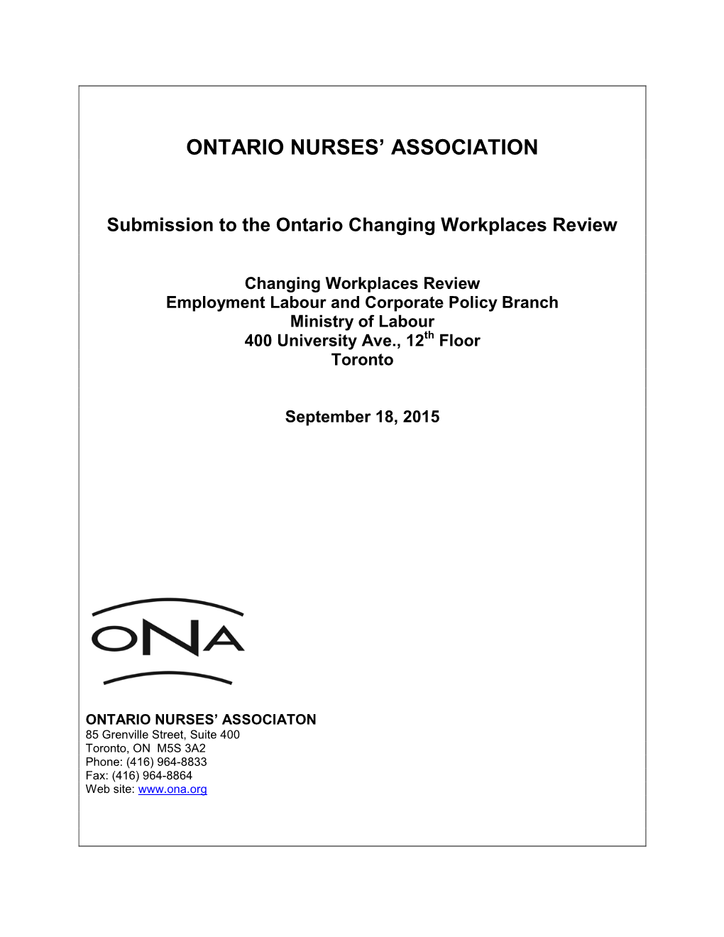Submission to the Ontario Changing Workplace Review