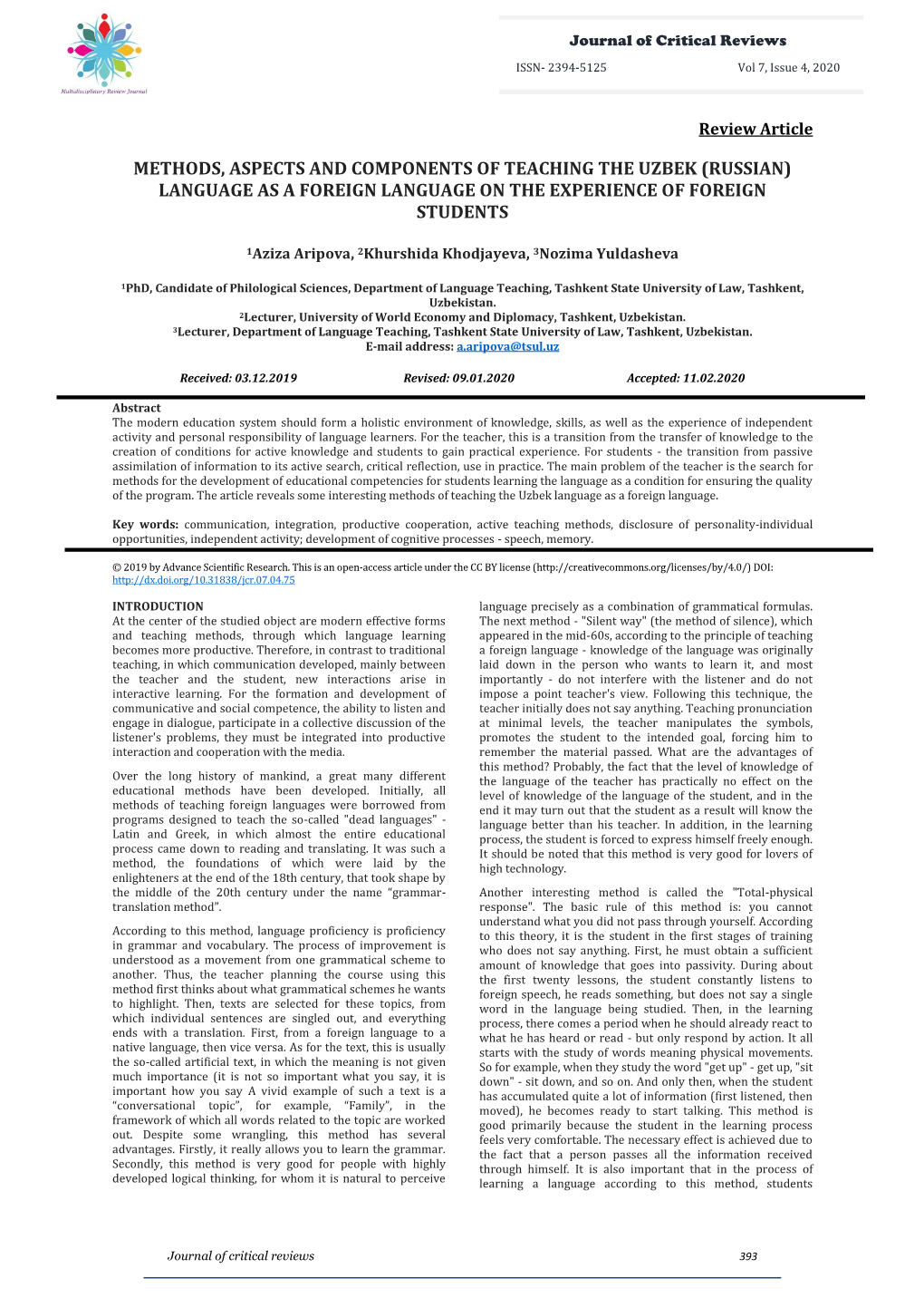 Methods, Aspects and Components of Teaching the Uzbek (Russian) Language As a Foreign Language on the Experience of Foreign Students