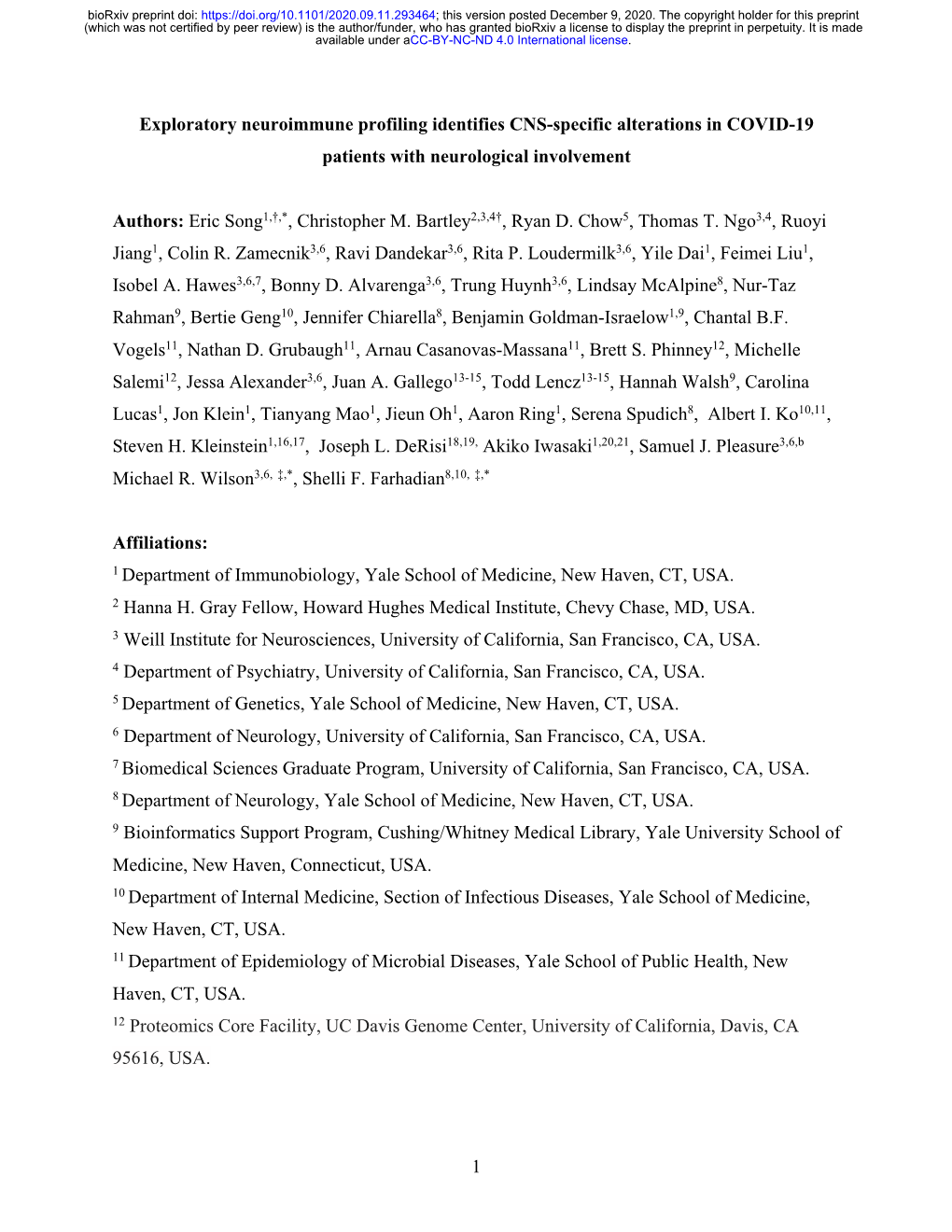 Exploratory Neuroimmune Profiling Identifies CNS-Specific Alterations in COVID-19 Patients with Neurological Involvement