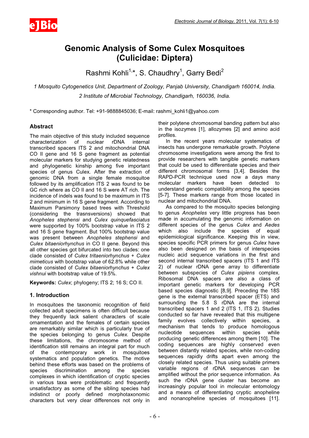 Genomic Analysis of Some Culex Mosquitoes (Culicidae: Diptera) Rashmi Kohli1,*, S