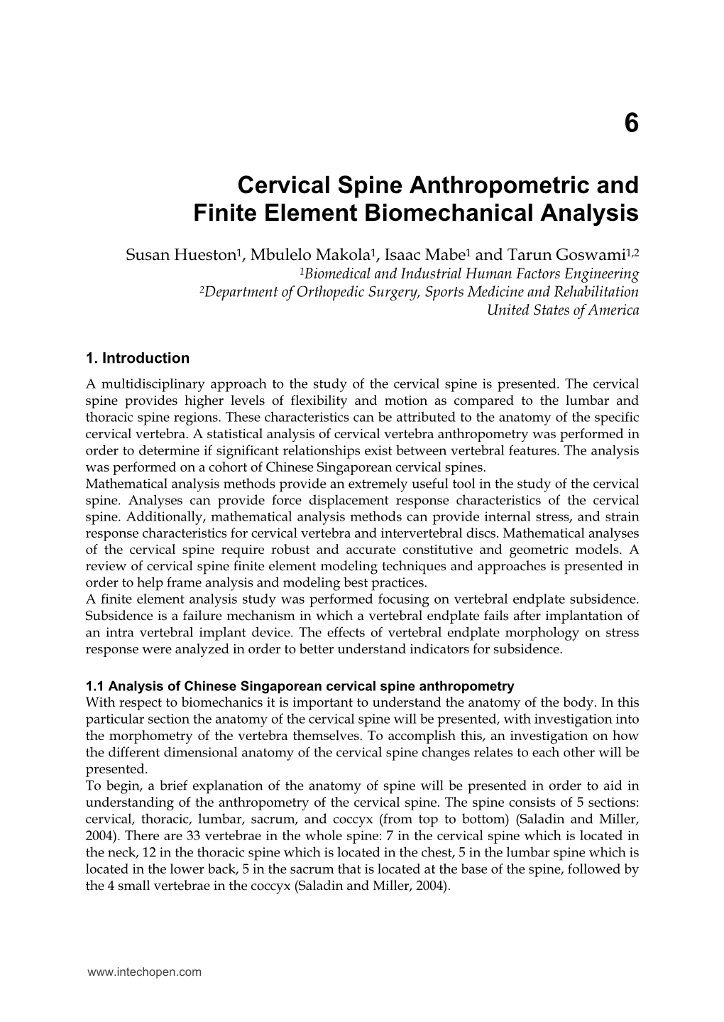 Cervical Spine Anthropometric and Finite Element Biomechanical Analysis