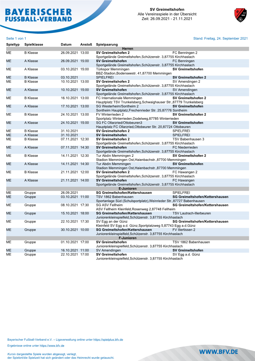 SV Greimeltshofen Alle Vereinsspiele in Der Übersicht Zeit: 26.09.2021 - 21.11.2021