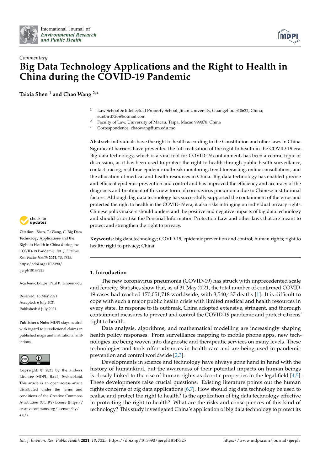 Big Data Technology Applications and the Right to Health in China During the COVID-19 Pandemic